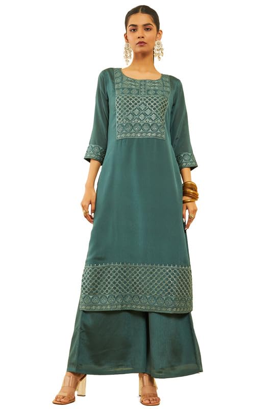 Soch Womens Green Chinon Embroidered Suit Set With Sequins