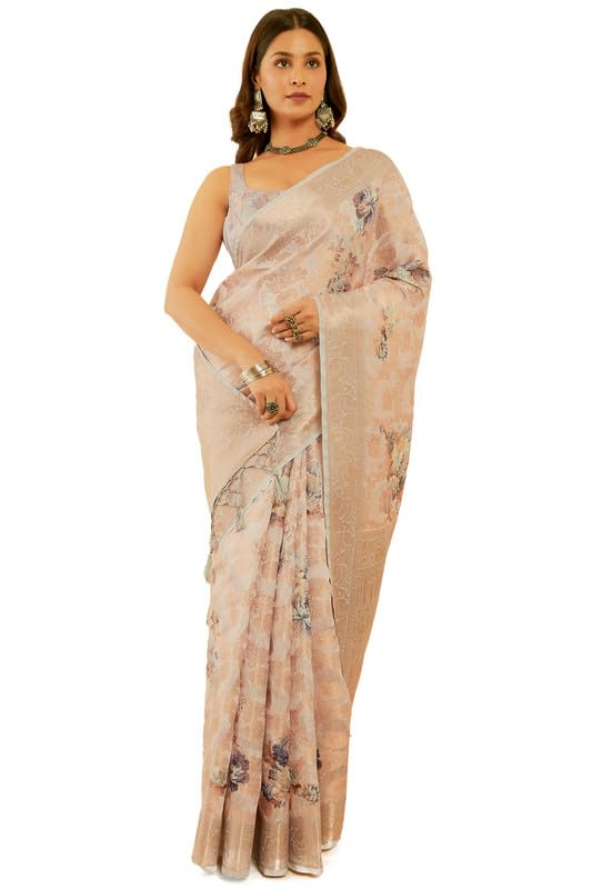 Soch Womens Grey Jacquard Chanderi Saree With Floral Print