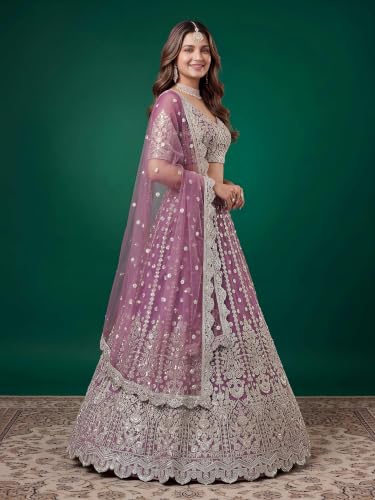 Zeel Clothing Women's Zari Sequins Embroidered Work Soft Net Lehenga Choli With Dupatta (6013-Purple-Womens-Lehenga-Choli-New; Free size)