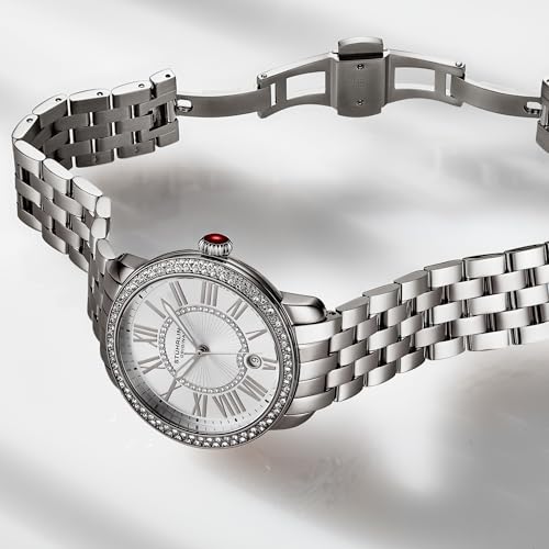 Stuhrling Original Celestia 4080 Women’s 38mm Quartz Watch – Crystal Bezel, Sunray Dial, Roman Numerals, Date Display, Stainless Steel Bracelet, Butterfly Clasp, Silver