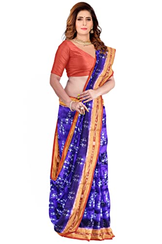 BTHIKIRI Odisha Sambalpuri Handloom Ikat Traditional Women's Pure Khandua Silk Saree Without Blouse (Navy Blue,Red, BTHI 5410)
