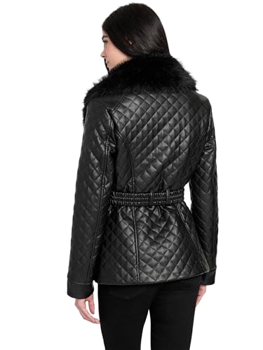GUESS Women's Oprah Fur Collar Diamond Faux Leather Jacket, Black (Jet Black), L