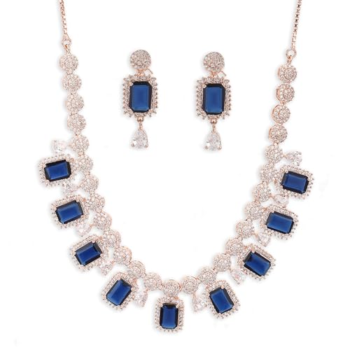 VOYLLA Blue stones rose gold necklace set