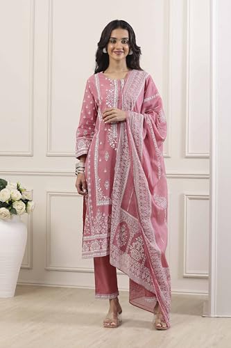 Biba Women Pink Cotton Straight Suit Set_36