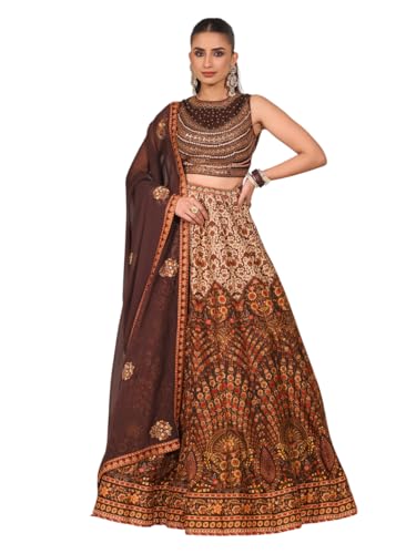 Woman's Printed brown raw silk lehenga choli