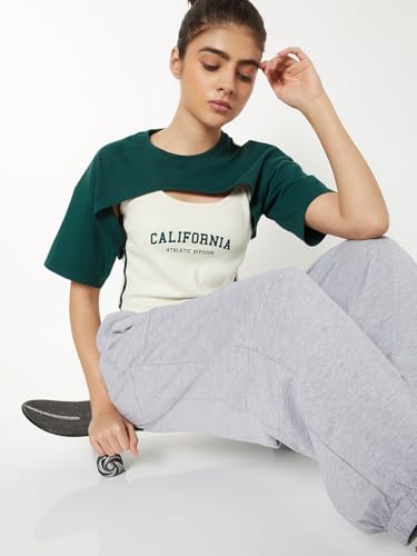 Max Women Printed Layered Sports T-Shirt with Camisole(Green_M)