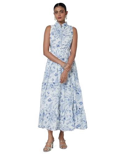 Biba Women's Off-White-Blue Cotton Tiered Printed Dress_36