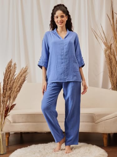 Clovia Solid V-Neck Long Top & Pyjama Set in Navy Colour (LS0772P08_Navy Blue_L)