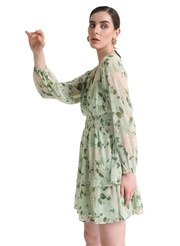 Kazo Women's Chiffon Fit and Flare Mini Dress (125373_Green Off White Combo