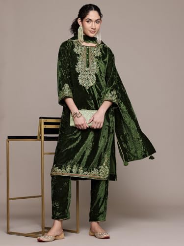 Aarke Ritu Kumar Bottle Green Nazara Festive Round Neck Kurta With Pant And Dupatta