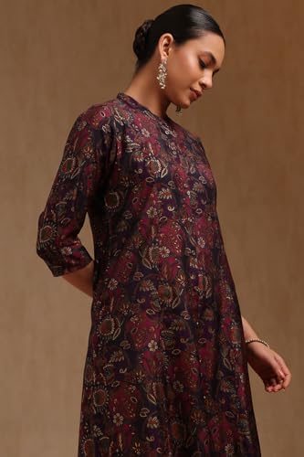 Soch Womens Wine Muslin Botanical Print Kurta with Thread Work