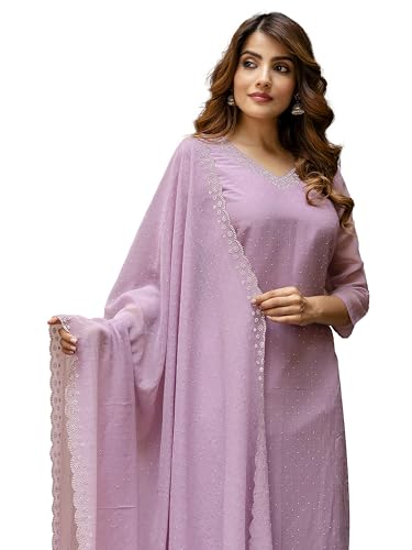 TRENDMALLS Women's Chanderi Siroski work Kurta Palazzo Set with Dupatta (G261-Purple-XXL)