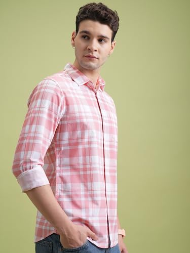 Highlander Men Cotton Slim Fit Shirt (PHSH000014_LT Pink/White L)