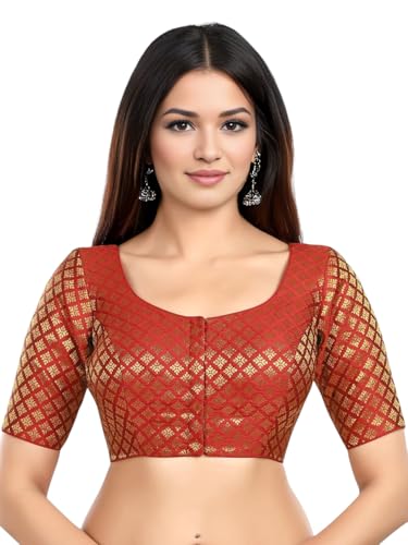 Biyu Women's | Designer Blouse for Sarees | Brocade Woven Design Round Neck Elbow Half Sleeves Readymade Saree (Maroon, 36)