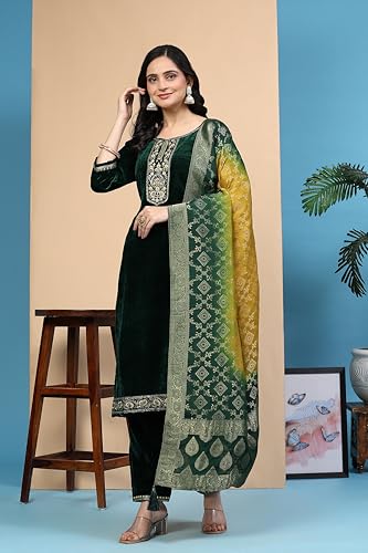 TRENDMALLS Women's Velvet Embroidery Salwar Suit Set Kurta Pant with Dupatta (G234-Green-XXL)