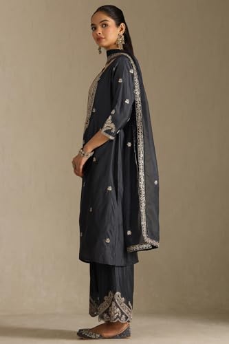 Soch Womens Charcoal Chanderi Embroidered Suit Set Sequins
