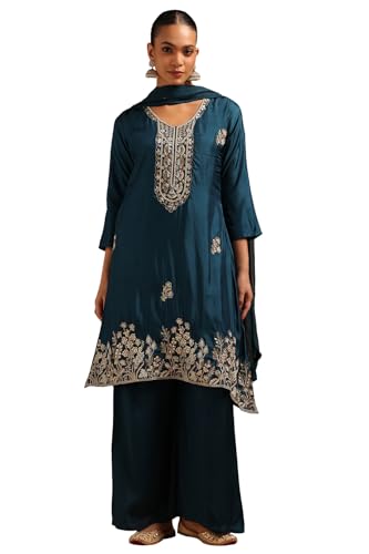 Soch Womens Teal Blue Roman Silk Floral Suit Set With Hand Embroidery and Bead Details