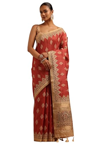 Soch Womens Rust Tussar Geometric Saree