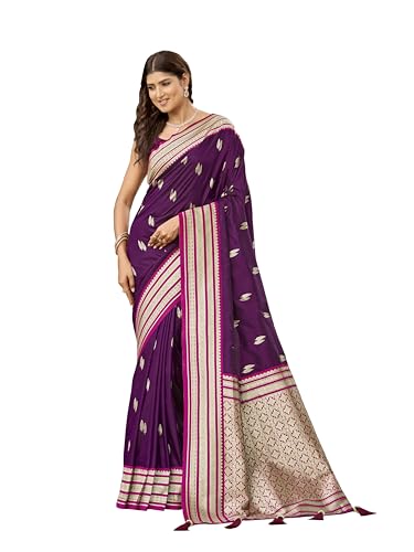 MANOHARI Women's Most Trendy Banarasi Satin Silk Woven Magenta Flower Pattern Saree With Heavy Jacquard Work Saree With Blouse Piece_MN2037