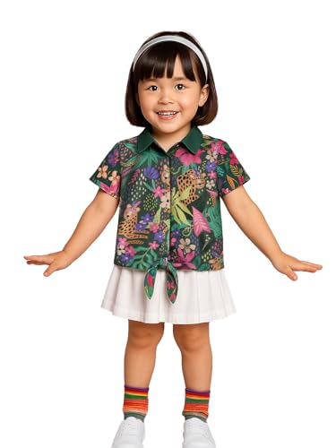 The Souled Store Rainforest Girls Short Sleeves Collared Neck Button Front Green All Over Printed Cotton Shirts (2-8 Yrs)