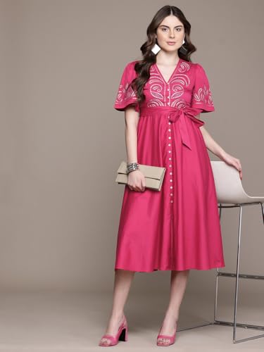 Label RITU KUMAR Fuschia Zelda V Neck Long Dress