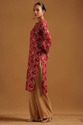 Soch Womens Red Rayon Botanical Print Kurta with Mirror Work