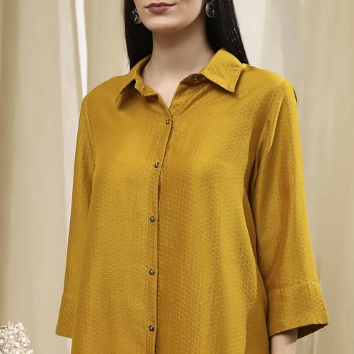 BIBA Women Ochre Yellow Dyed High-Low Shirt_34