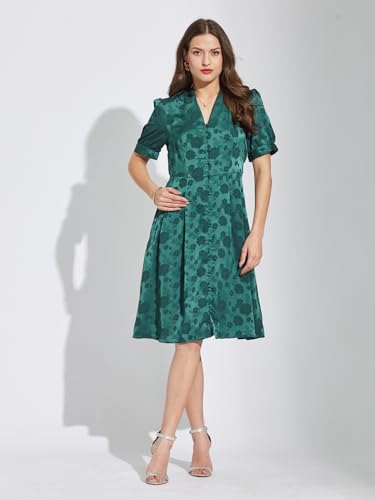 Latin Quarters Women Green V-Neck Half Sleeves Printed Knee Length A-Line Dress S