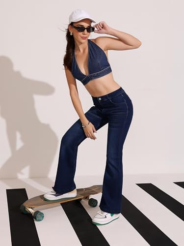 Dolce Crudo Women's High-Rise Regular-Length Stretchable Flared Denim Jeans (DOSS24DEN12-92-358-30, Olympic Blue, 30)