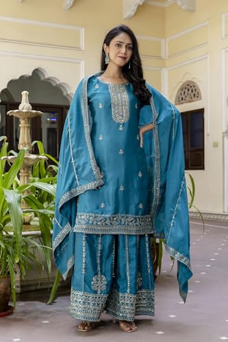 Leeli Peeri Designer Women's Chinon Silk Embroidery Kurta Sharara Set With Dupatta