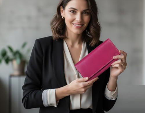 Calfnero Women's Genuine Leather Wallet-Long Purse Wallet with Multiple Card Slots, Zip Pocket and Note Compartment (Pink)