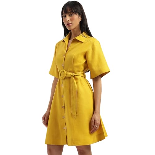 UNITED COLORS OF BENETTON Shirt Collar Solid A-Line Dress (Size: S)-25P4WVNDR150I901 Yellow