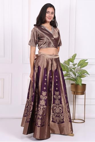 W for Woman Purple Embellished Jacquard Straight Crop Top, Skirt and Dupatta Set - (WS13240-314468-L)