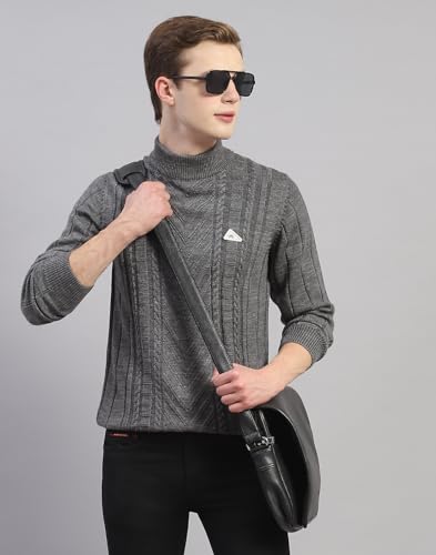 Monte Carlo Mens Grey Solid Turtle Neck Full Sleeve Wool Blend Casual Sweater (1239158TN-1042-44)