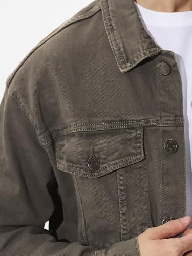 The Souled Store Stone Olive Men and Boys Long Sleeves Collared Neck Button Front Cotton Oversized Denim Jackets