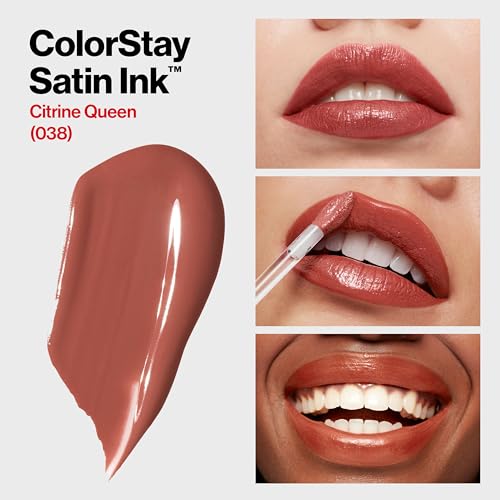REVLON ColorStay Satin Ink Crown Jewels Liquid Lipstick, Longlasting & Waterproof Lipcolor, Moisturizing Creamy Formula Infused with Black Currant Seed Oil, 038 Citrine Queen, 0.17 fl oz.
