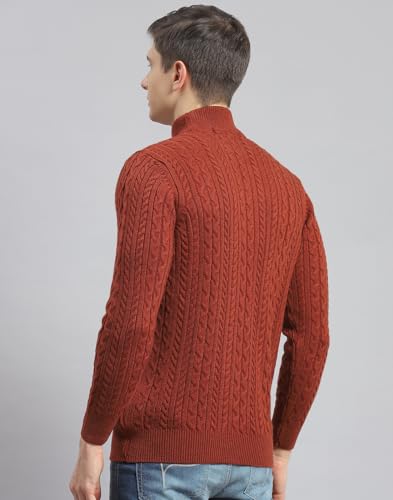 Monte Carlo Leather Brown Self Design T Neck Pullover | Warm Woolen Pullover for Men | Soft Comfortable Knitted Winter Wear Sweater for Men's