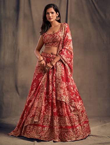 Zeel Clothing Women's Organza Floral White Semi-Stitched Lehenga Choli (7617-Red-Women-Floral-Lehenga-Latest, Corel Red)