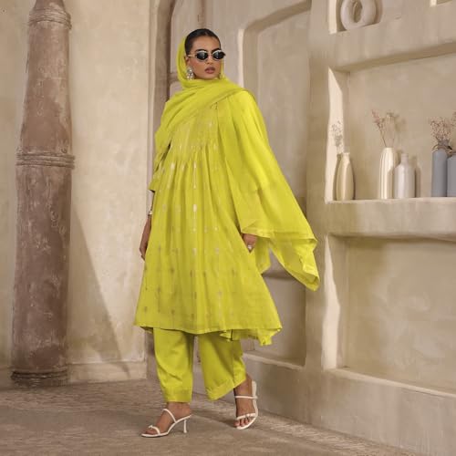 Biba Women's Silk Kurta Set (SKDTMETWEV30287AW25LIM_Lime Green