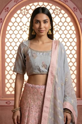 Aurelia Women's Slate Grey Zari Jacquard Crop Blouse with Lehenga Set with Dupatta - (AD10751-706126-S)