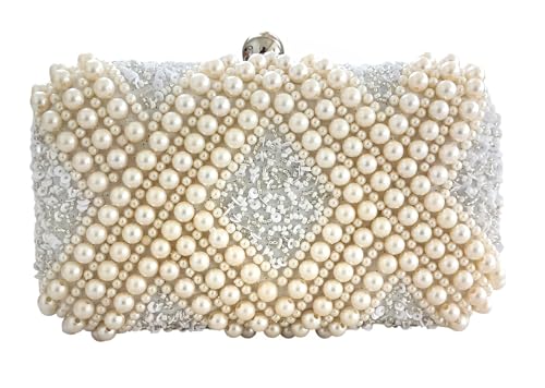 DUCHESS Women's Girl's Pearl Beaded Off-White Box Clutch for Wedding