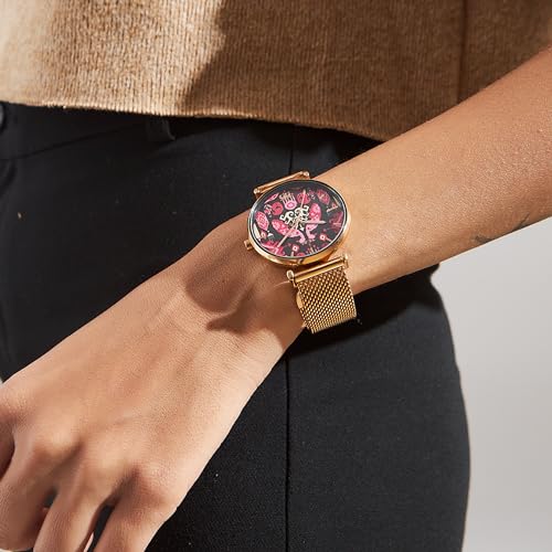 TEAL BY CHUMBAK Round Dial Analog Watch for Women|Peacock Peeper Collection| Stainless Steel Strap|Gifts for Women/Girls/Ladies |Stylish Fashion Watch for Casual/Work - Pink