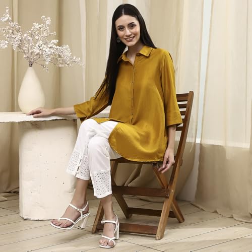 BIBA Women Ochre Yellow Dyed High-Low Shirt_34