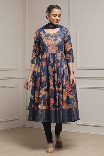Biba Women Navy Cotton Anarkali Printed Suit Set_42