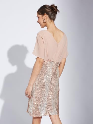 Latin Quarters Women Copper Round Neck Half Sleeve Solid Bodycon Dress_XS