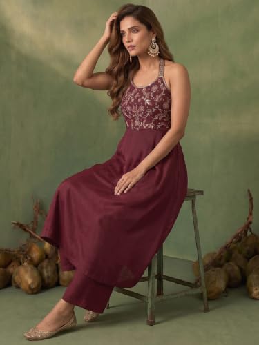 Varanga womens Maroon Halter-Neck Embroidered Anarkali Set