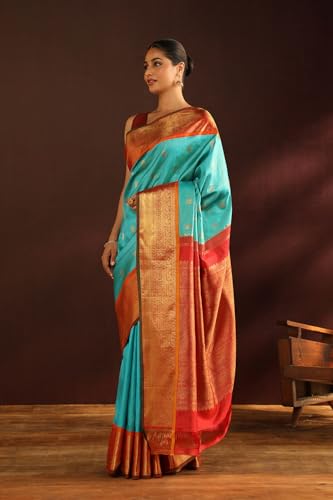 Taneira Women Blue Woven Pure Silk Kanjivaram Saree With Unstitched Blouse Piece (SHH08D00118-Light Blue)