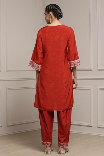 Biba Women Burnt Orange Viscose Blend Straight Printed Suit Set_42