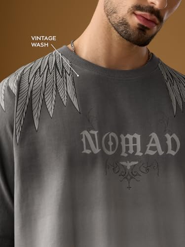 The Souled Store Nomad: Wings Men and Boys Short Sleeves Round Neck Charcoal Grey Graphic Printed Gothic Casual Drop Shoulder Streetwear Trendy Cotton Oversized T-Shirt