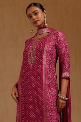 Soch Womens Magenta Dola Silk Bandhani Print Suit Set With Sequins
